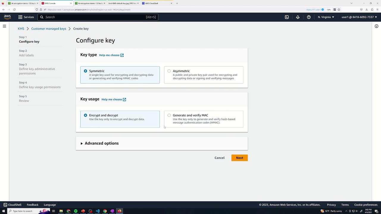 The image shows an AWS KMS (Key Management Service) console screen where a user is configuring a key. Options for selecting key type (symmetric or asymmetric) and key usage (encrypt and decrypt or generate and verify MAC) are displayed.