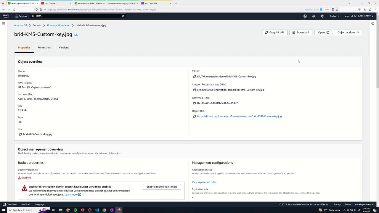 The image shows an AWS S3 console displaying details of an object named "brid-KMS-Custom-key.jpg," including its properties, S3 URI, and object URL. The console also indicates that bucket versioning is disabled.