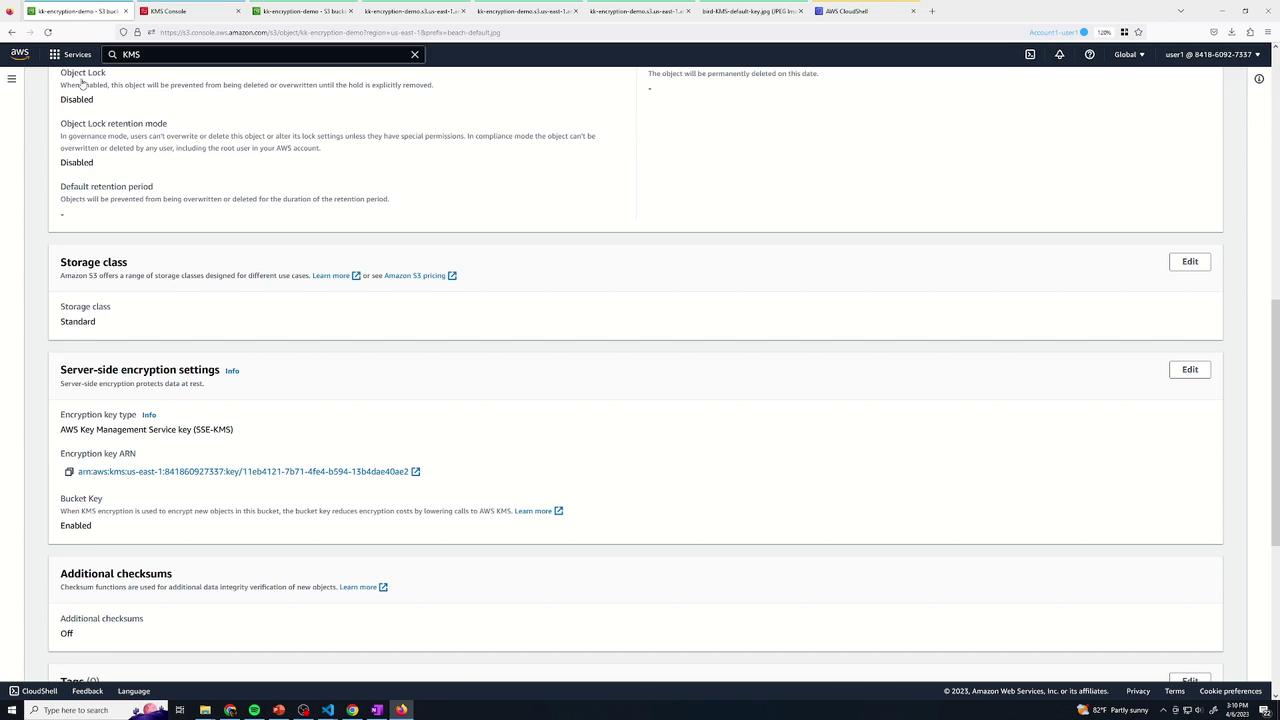 The image shows an AWS S3 console screen with settings for object lock, storage class, server-side encryption, and additional checksums. The server-side encryption is enabled using an AWS Key Management Service key.