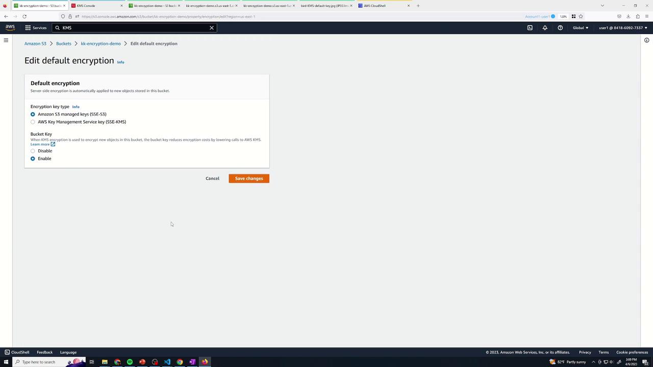 The image shows an AWS S3 console screen for editing default encryption settings. It includes options for selecting encryption key types and enabling or disabling a bucket key.