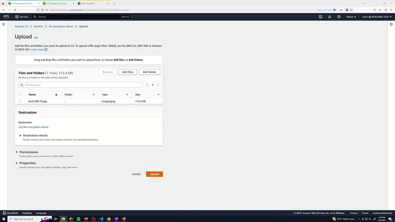 The image shows an AWS S3 Management Console screen where a file named "bird-SSE-S3.jpg" is being prepared for upload to a bucket named "kk-encryption-demo." The file is 112.4 KB in size.