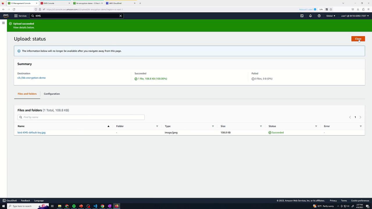 The image shows an AWS S3 Management Console screen indicating a successful upload of a file named "bird-KMS-default-key.jpg" with a size of 108.8 KB. The upload status is marked as succeeded.