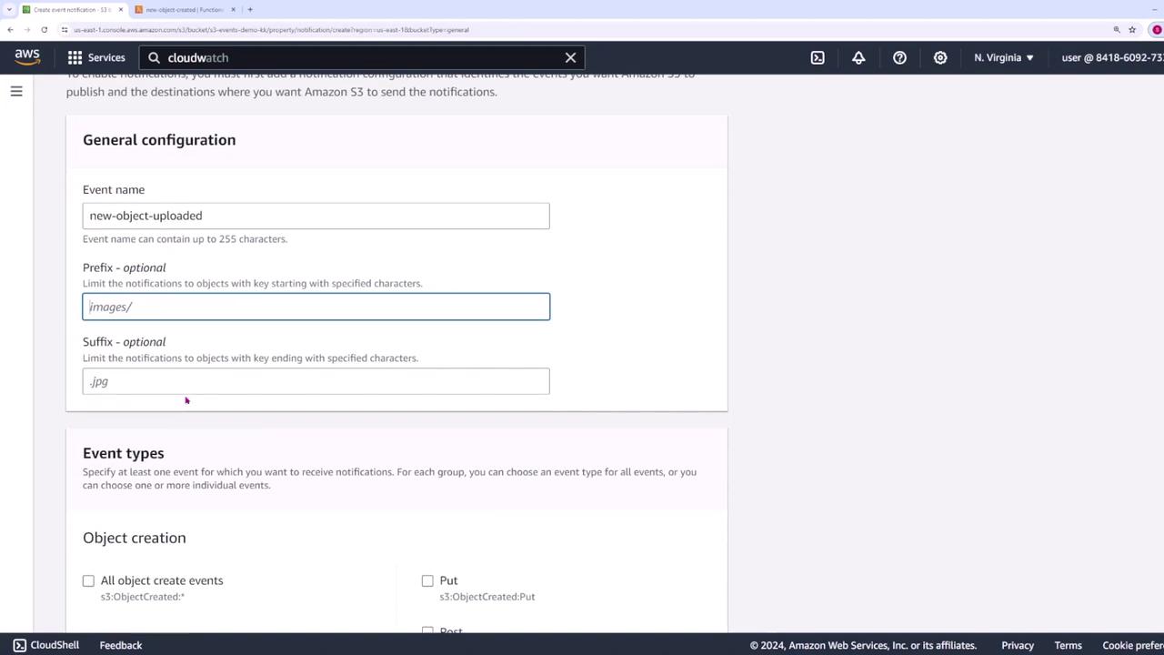 The image shows a configuration screen for setting up an event notification in Amazon S3, with fields for event name, prefix, and suffix, and options for selecting event types.