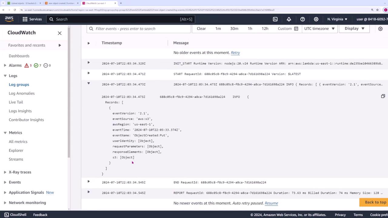 The image shows an AWS CloudWatch interface displaying log entries for a Lambda function, including details like timestamps, request IDs, and event information.