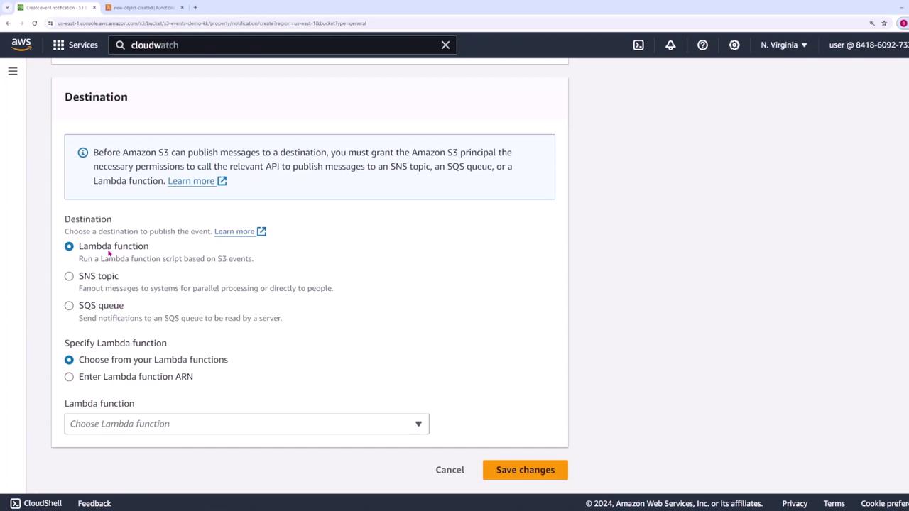 The image shows an AWS interface for configuring event notifications, with options to select a destination such as a Lambda function, SNS topic, or SQS queue. The "Lambda function" option is selected, and there is a dropdown to choose a specific function.