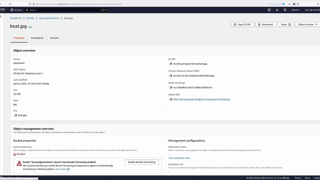 The image shows an Amazon S3 console interface displaying details of an object named "boat.jpg," including its size, type, and URLs. It also includes information about bucket properties and management configurations.