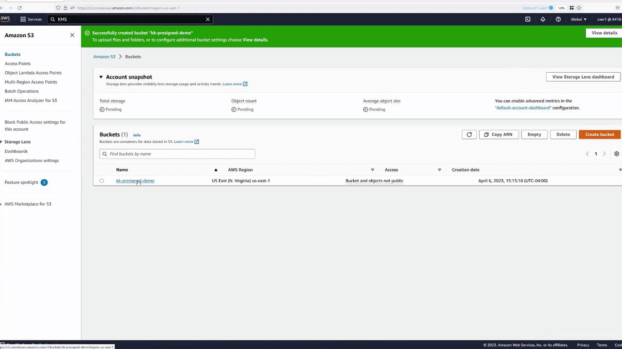 The image shows an Amazon S3 console with a bucket named "kk-presigned-demo" created in the US East (N. Virginia) region. The bucket and objects are not public, and the creation date is April 6, 2023.