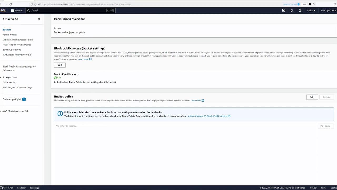 The image shows an Amazon S3 permissions overview page, highlighting settings for blocking public access to a bucket. It indicates that public access is blocked and provides options to edit these settings.