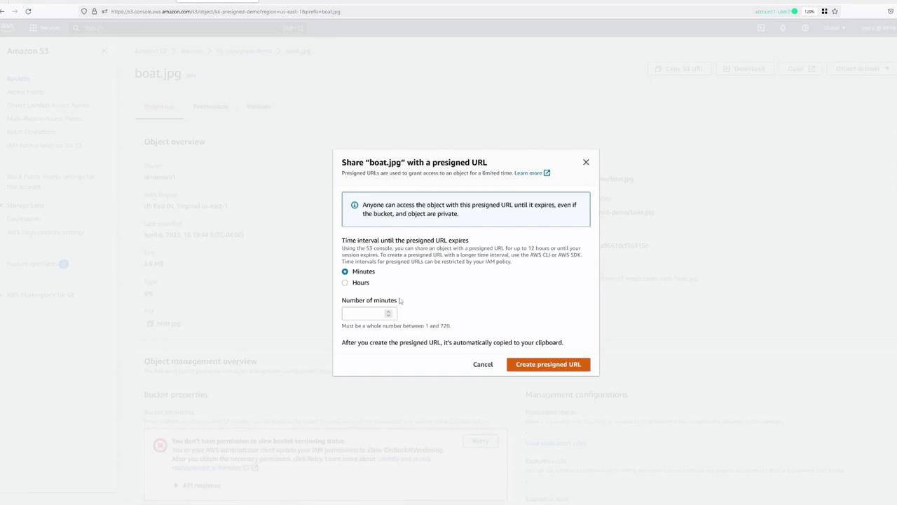 The image shows an Amazon S3 console screen with a pop-up window for sharing a file named "boat.jpg" using a presigned URL. The window allows setting a time interval for the URL's expiration in minutes or hours.