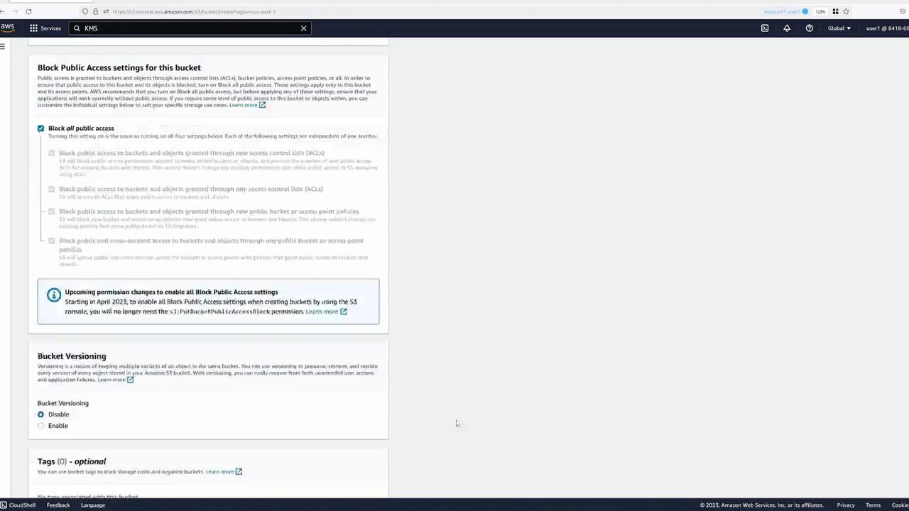 The image shows an Amazon Web Services (AWS) S3 console screen with settings for blocking public access to a bucket, including options for access control lists and bucket versioning.