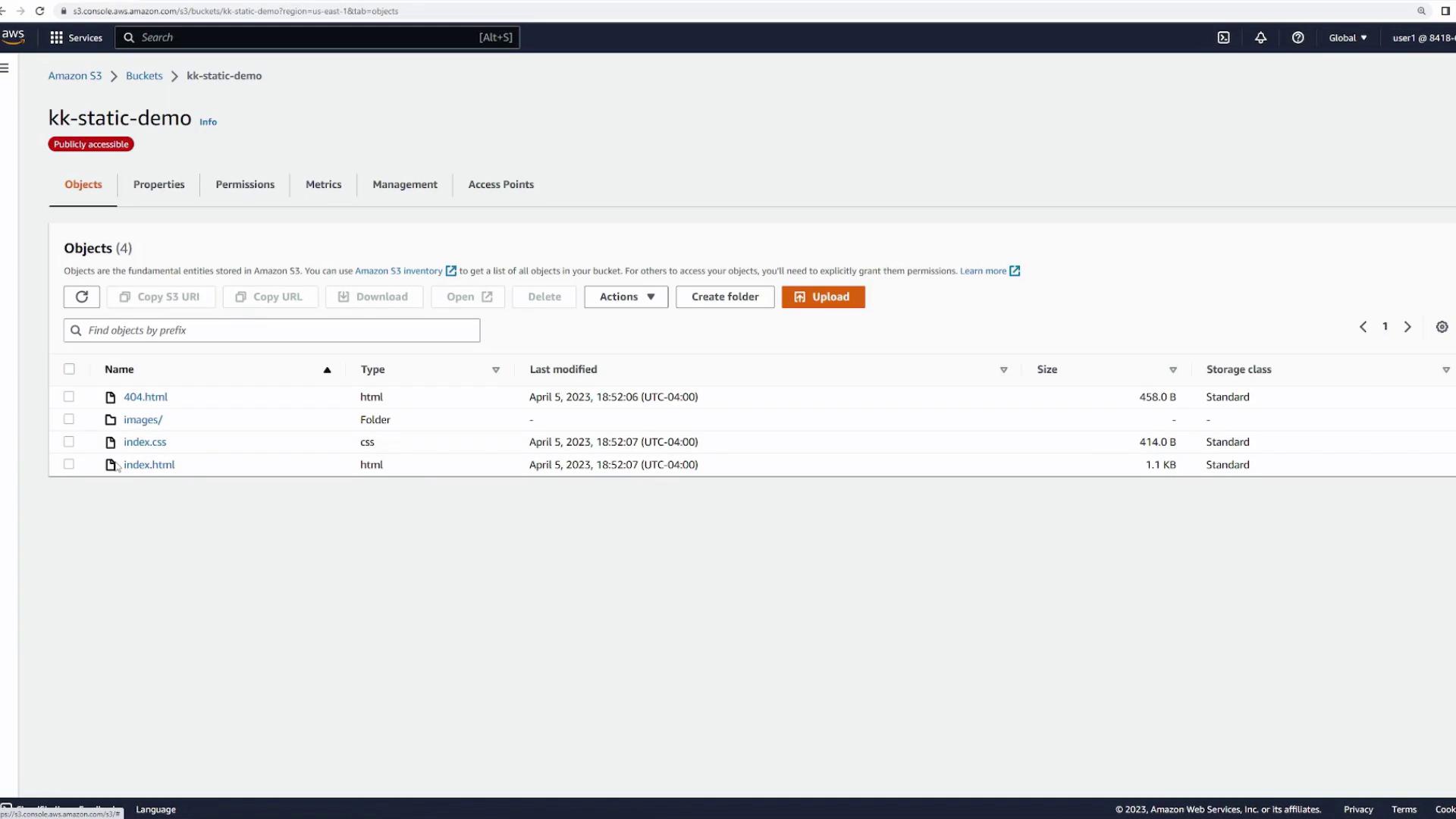 The image shows an Amazon S3 bucket interface with a list of objects, including HTML and CSS files, and a folder named "images."