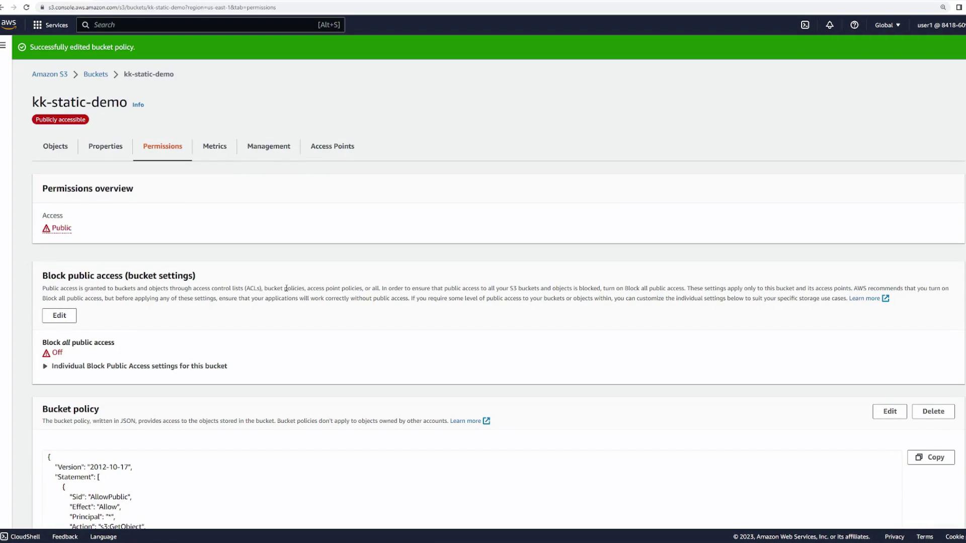 The image shows an Amazon S3 bucket permissions page, indicating that the bucket is publicly accessible with options to edit public access settings and view the bucket policy in JSON format.