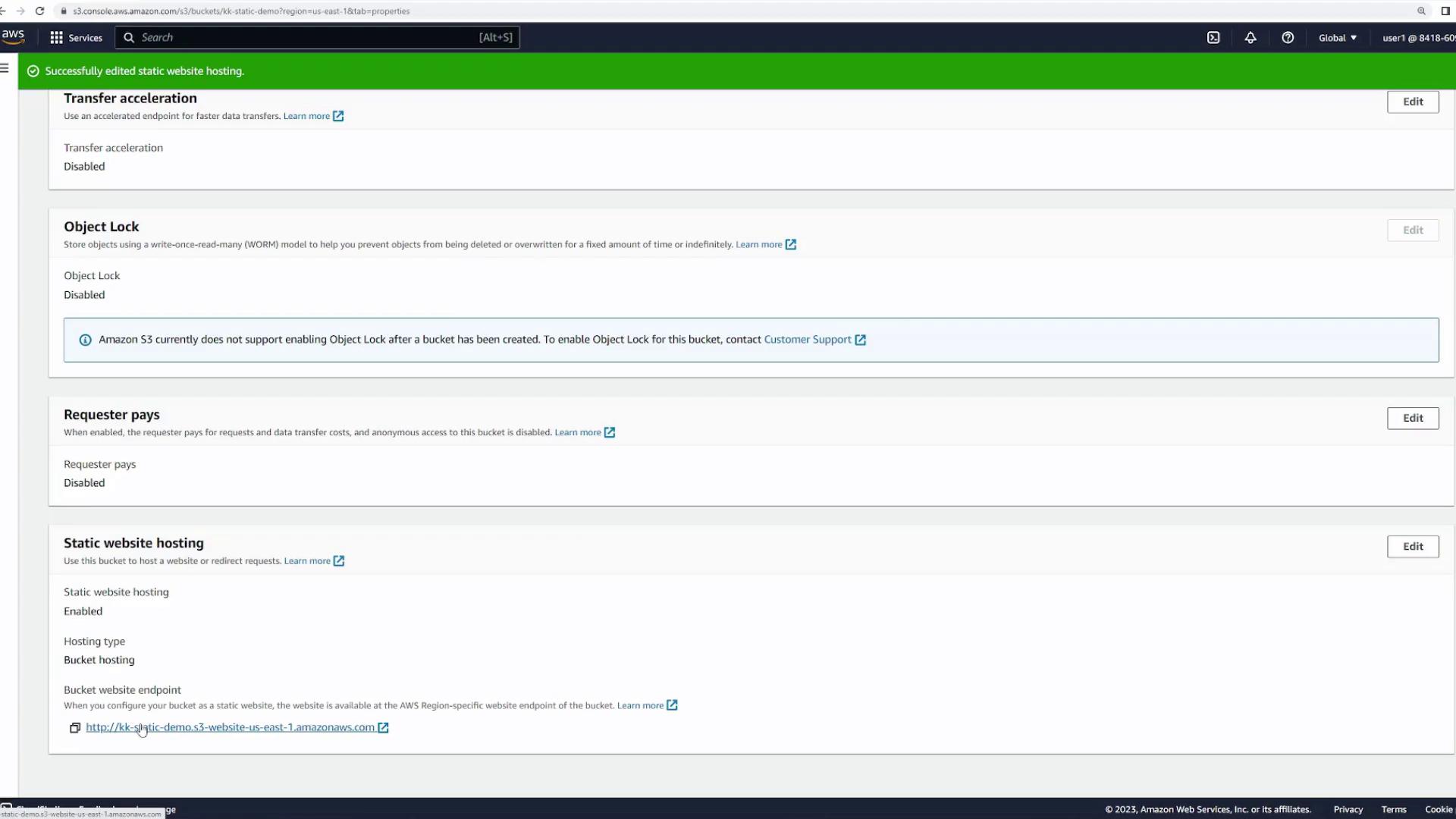 The image shows an Amazon S3 console page with settings for transfer acceleration, object lock, requester pays, and static website hosting. Static website hosting is enabled, and a bucket website endpoint is provided.