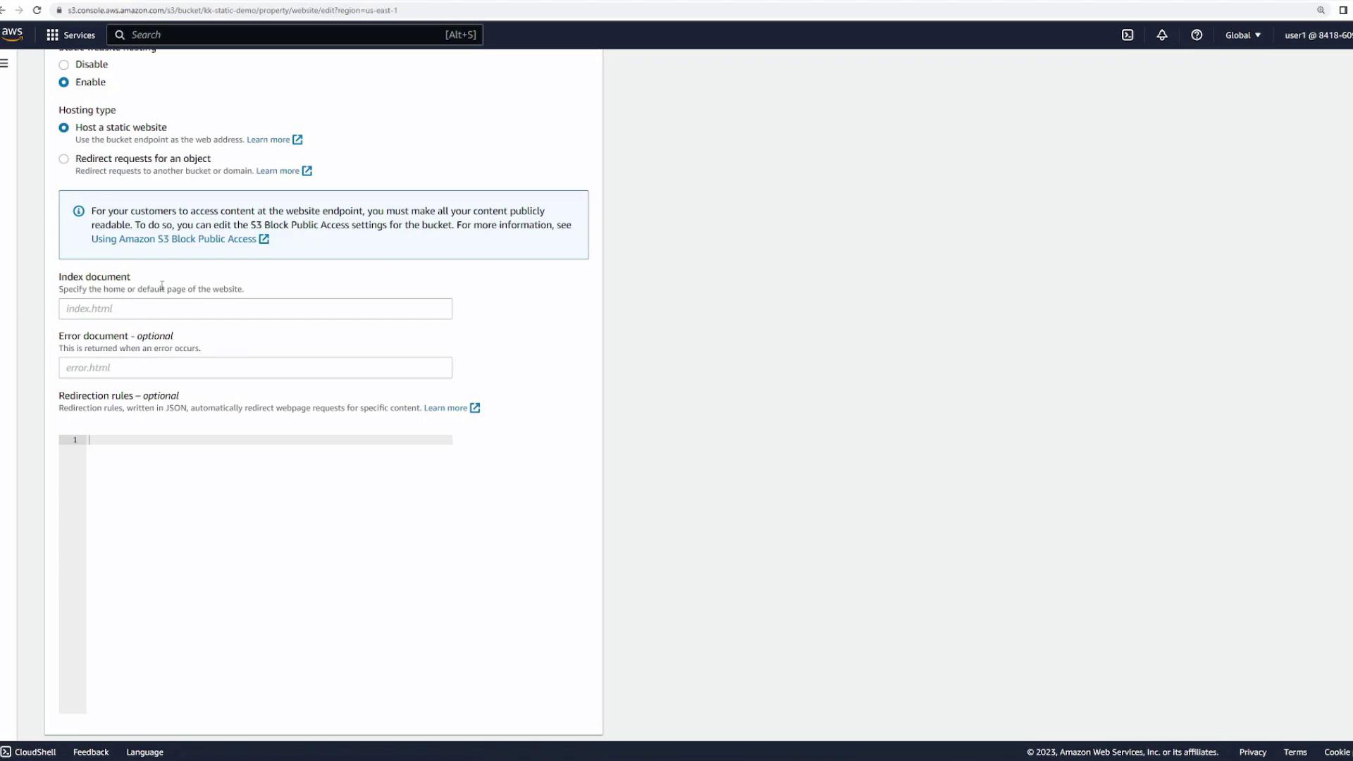 The image shows an Amazon S3 console interface for configuring static website hosting, with options to specify index and error documents.