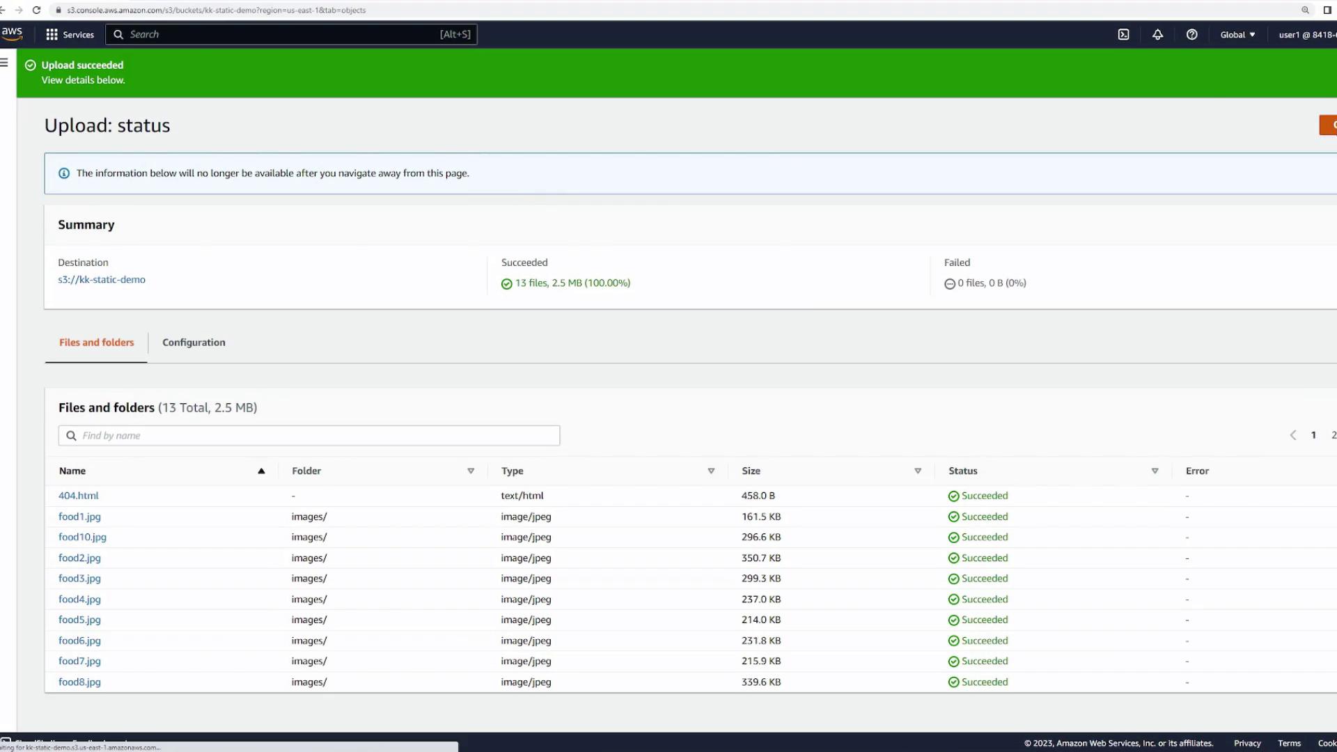 The image shows an Amazon S3 console screen with a successful upload status for 13 files totaling 2.5 MB. The files listed include HTML and JPEG images, all marked as "Succeeded."