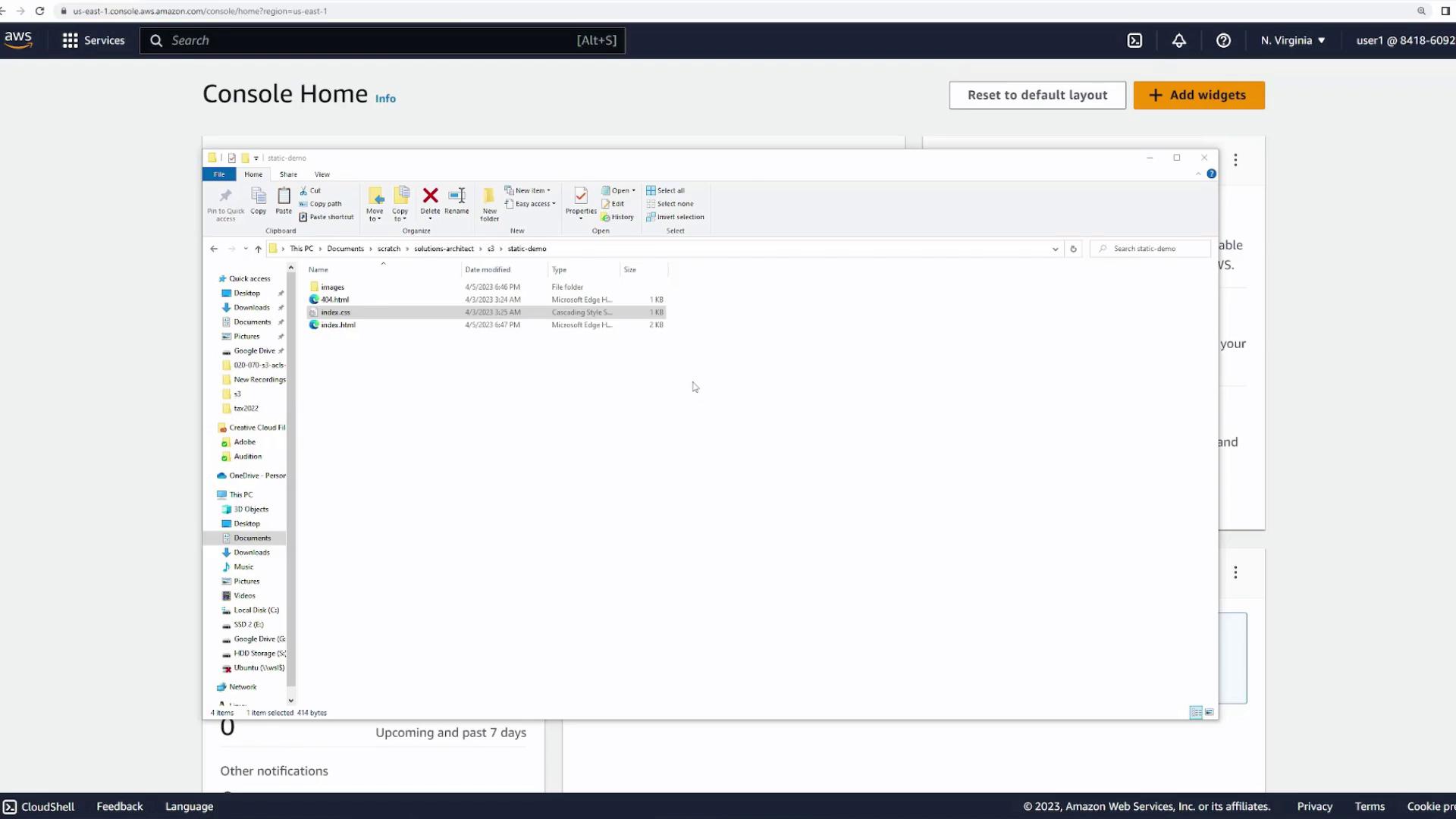 The image shows an AWS Console Home page with a Windows File Explorer window open, displaying a folder named "static-demo" containing HTML and CSS files.