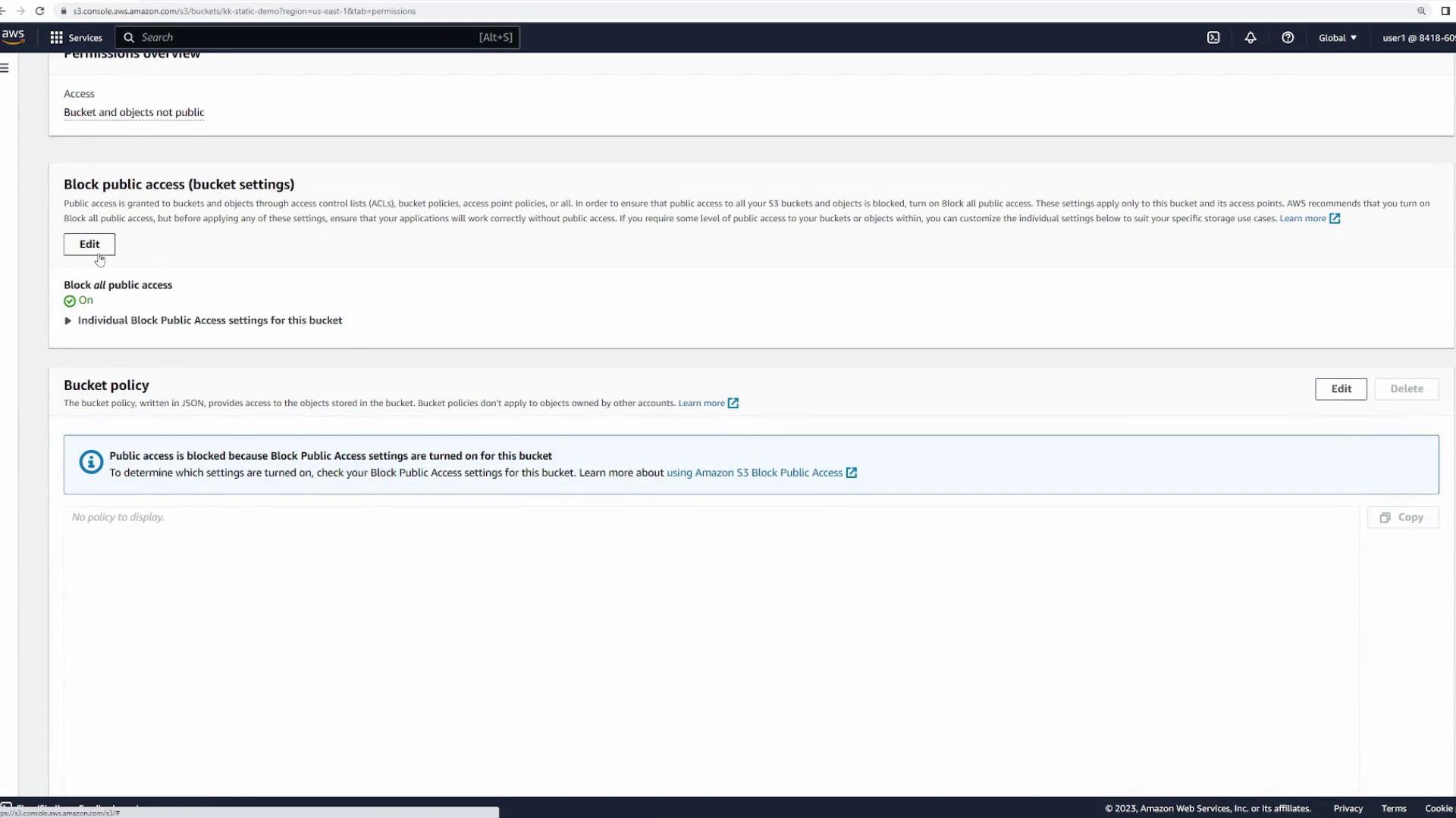 The image shows an AWS S3 console screen with settings for blocking public access to a bucket. It indicates that public access is currently blocked for the bucket.