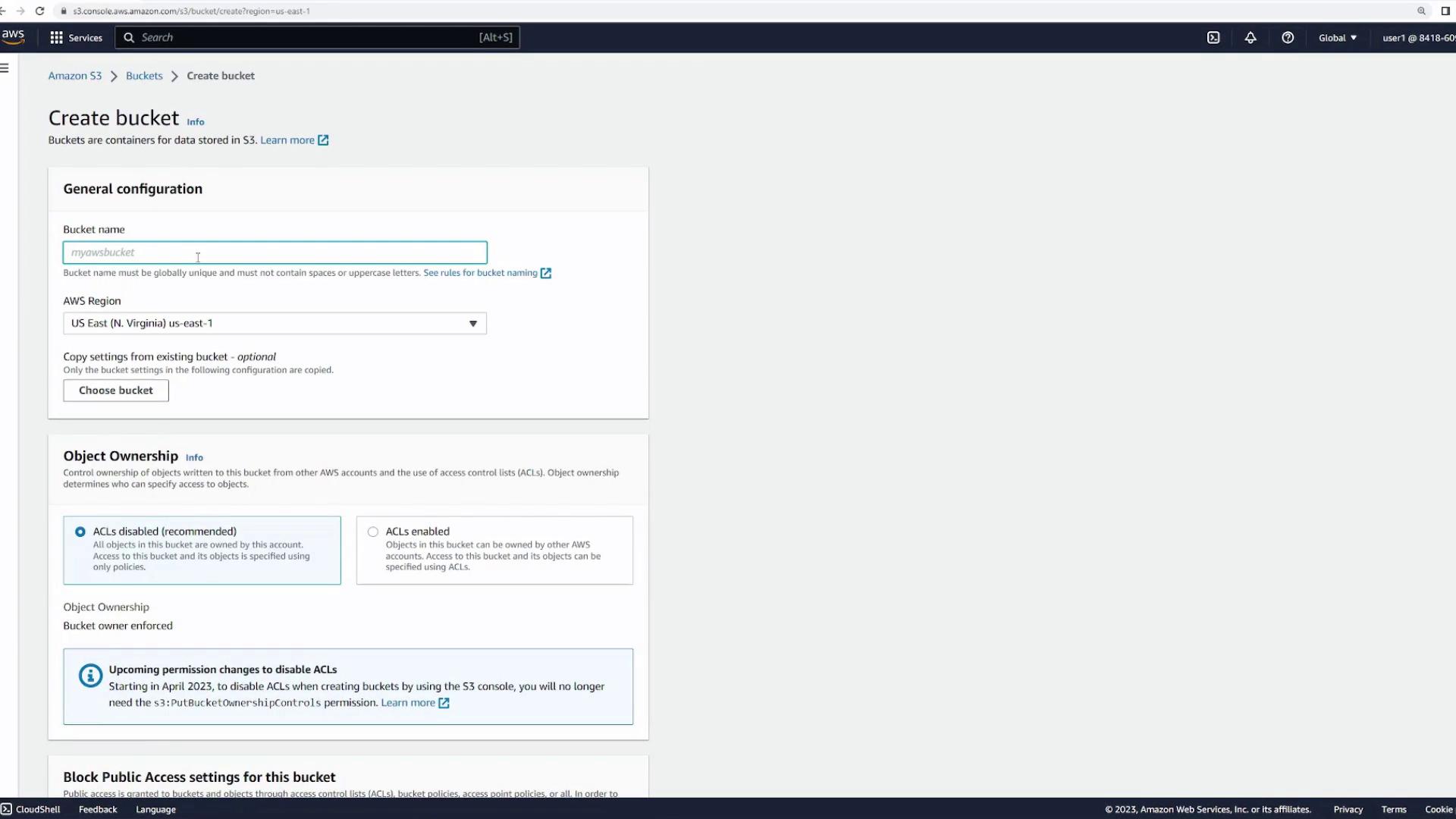 The image shows the AWS S3 console interface for creating a new bucket, with fields for bucket name, region selection, and object ownership settings.