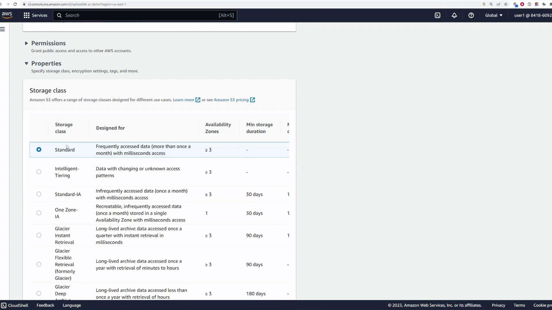 The image shows an Amazon S3 console screen displaying different storage class options, including Standard, Intelligent-Tiering, and Glacier, with details on their designed use, availability zones, and minimum storage duration.