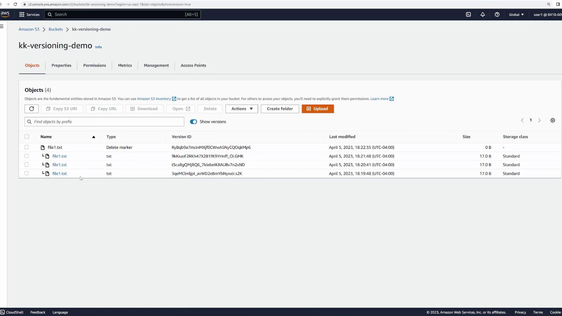 The image shows an Amazon S3 bucket interface with a list of versioned objects named "file1.txt," displaying details like version ID, last modified date, size, and storage class.