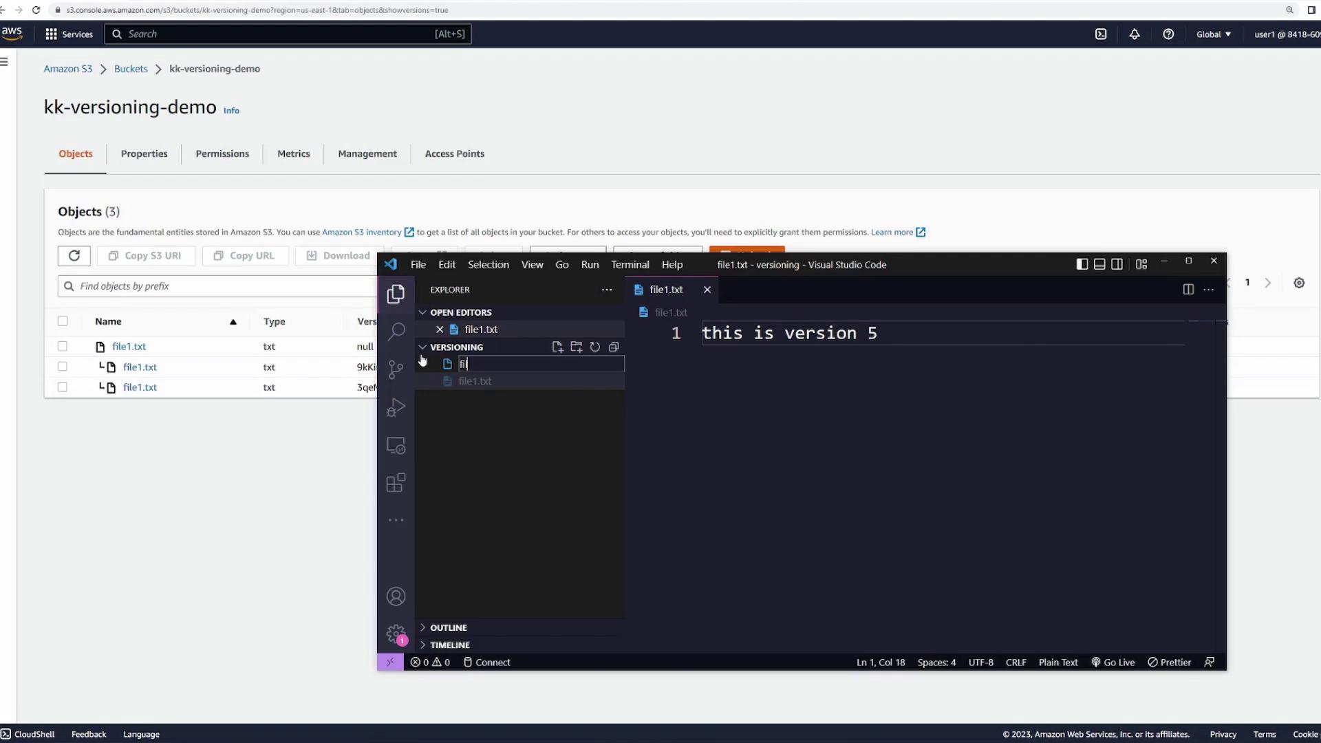 The image shows an Amazon S3 bucket interface with a list of objects and a Visual Studio Code window displaying a text file with the content "this is version 5."