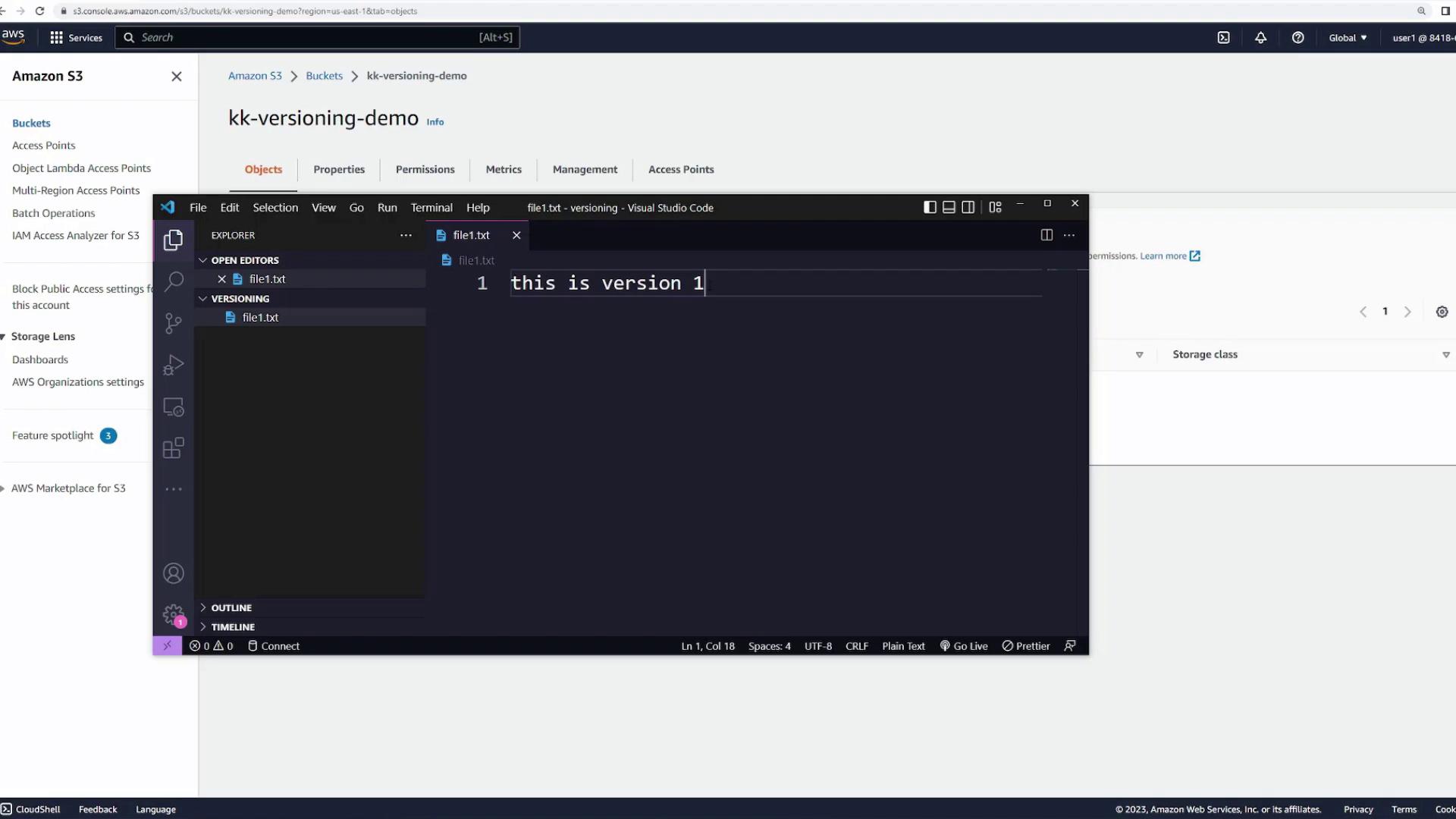 The image shows an Amazon S3 console with a bucket named "kk-versioning-demo" and a Visual Studio Code window displaying a text file named "file1.txt" with the content "this is version 1".