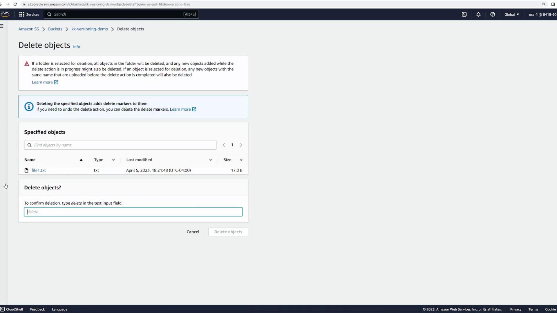 The image shows an Amazon S3 console interface for deleting objects, specifically a file named "file1.txt." It includes a confirmation prompt to type "delete" to proceed with the deletion.