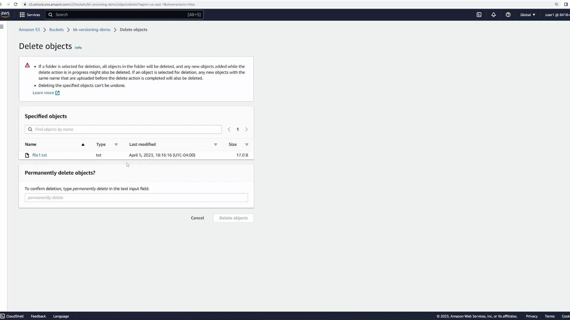 The image shows an Amazon S3 interface for deleting objects, specifically a file named "file1.txt" with details like type, last modified date, and size. There is a prompt to confirm permanent deletion by typing "permanently delete."