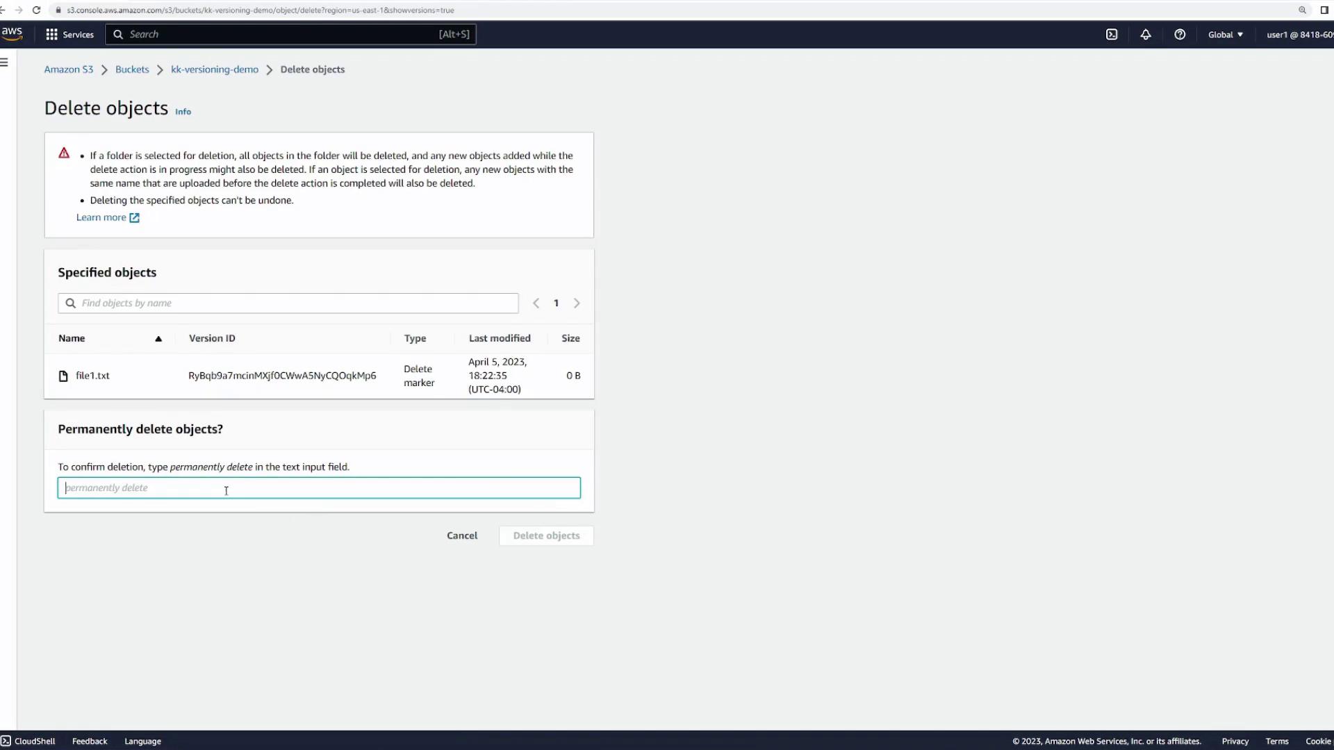The image shows an Amazon S3 interface for deleting objects, specifically a file named "file1.txt" with a prompt to confirm permanent deletion.