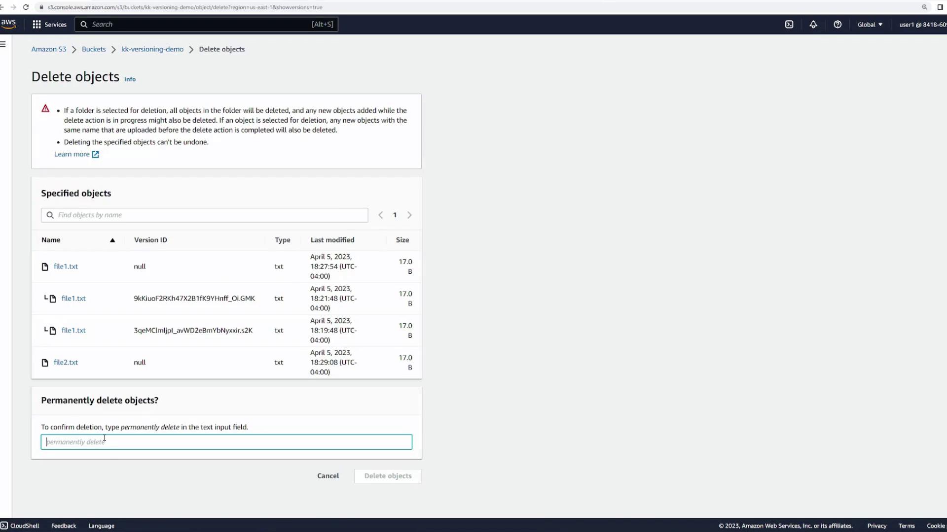 The image shows an Amazon S3 interface for deleting objects, listing several text files with details like version ID, type, last modified date, and size. There's a prompt to confirm permanent deletion by typing "permanently delete."