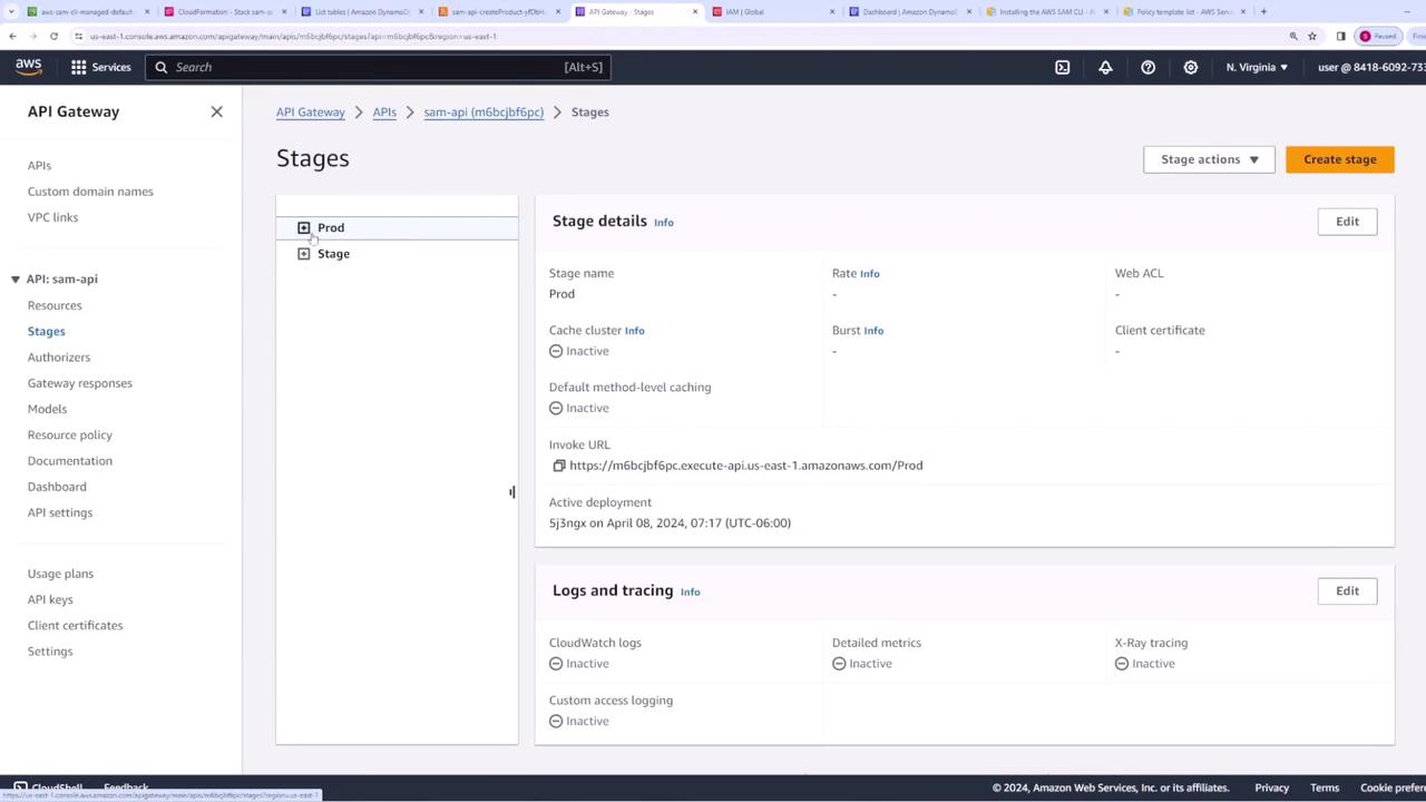 The image shows the AWS API Gateway console, specifically the "Stages" section for an API named "sam-api," displaying details for the "Prod" stage.