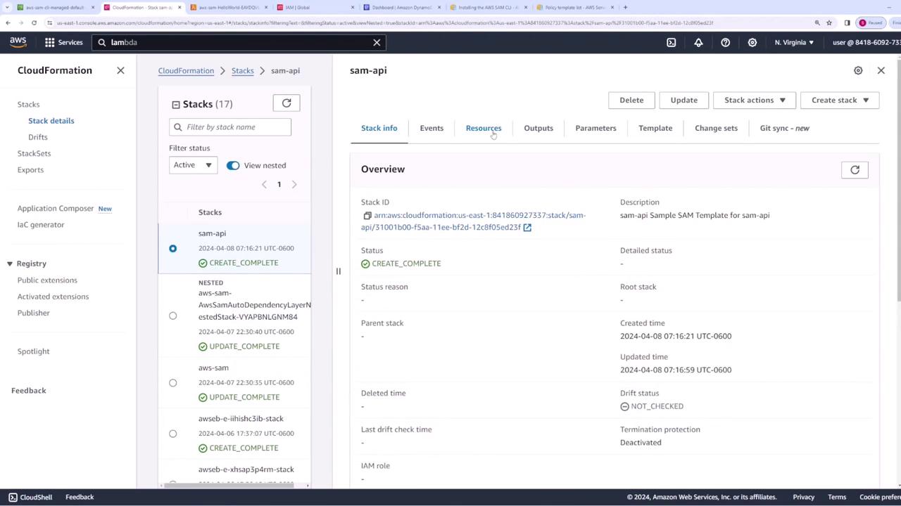 The image shows an AWS CloudFormation dashboard displaying details of a stack named "sam-api," including its status as "CREATE_COMPLETE" and various metadata like stack ID and creation time.