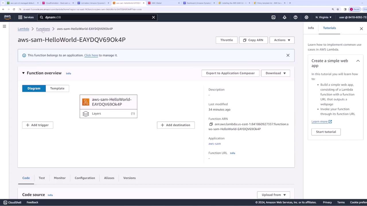 The image shows an AWS Lambda console page displaying details of a function named "aws-sam-HelloWorld-EAYDQV69Ok4P," including options to add triggers and destinations, and a sidebar with a tutorial on creating a simple web app.