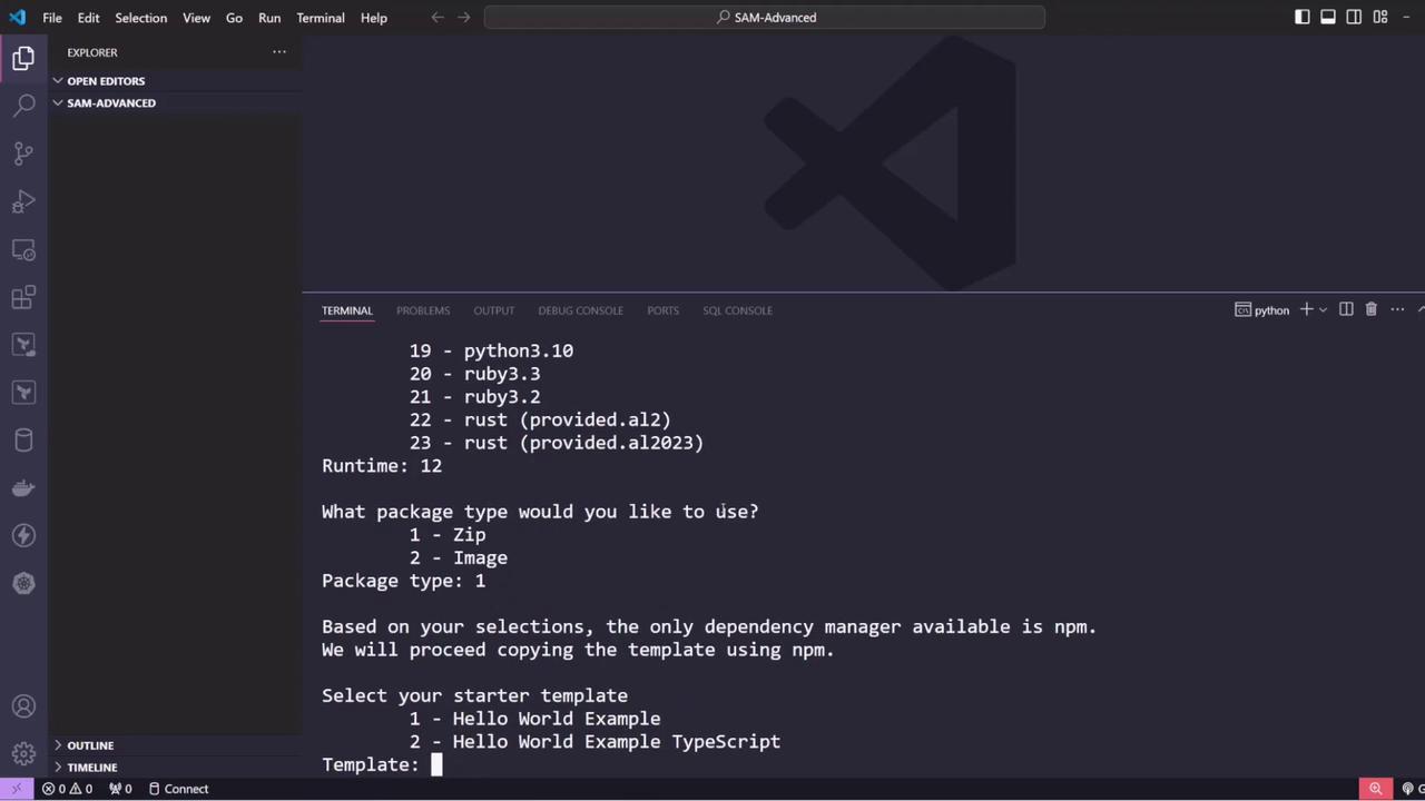 The image shows a Visual Studio Code interface with a terminal open, displaying options for selecting runtimes, package types, and starter templates for a project setup.