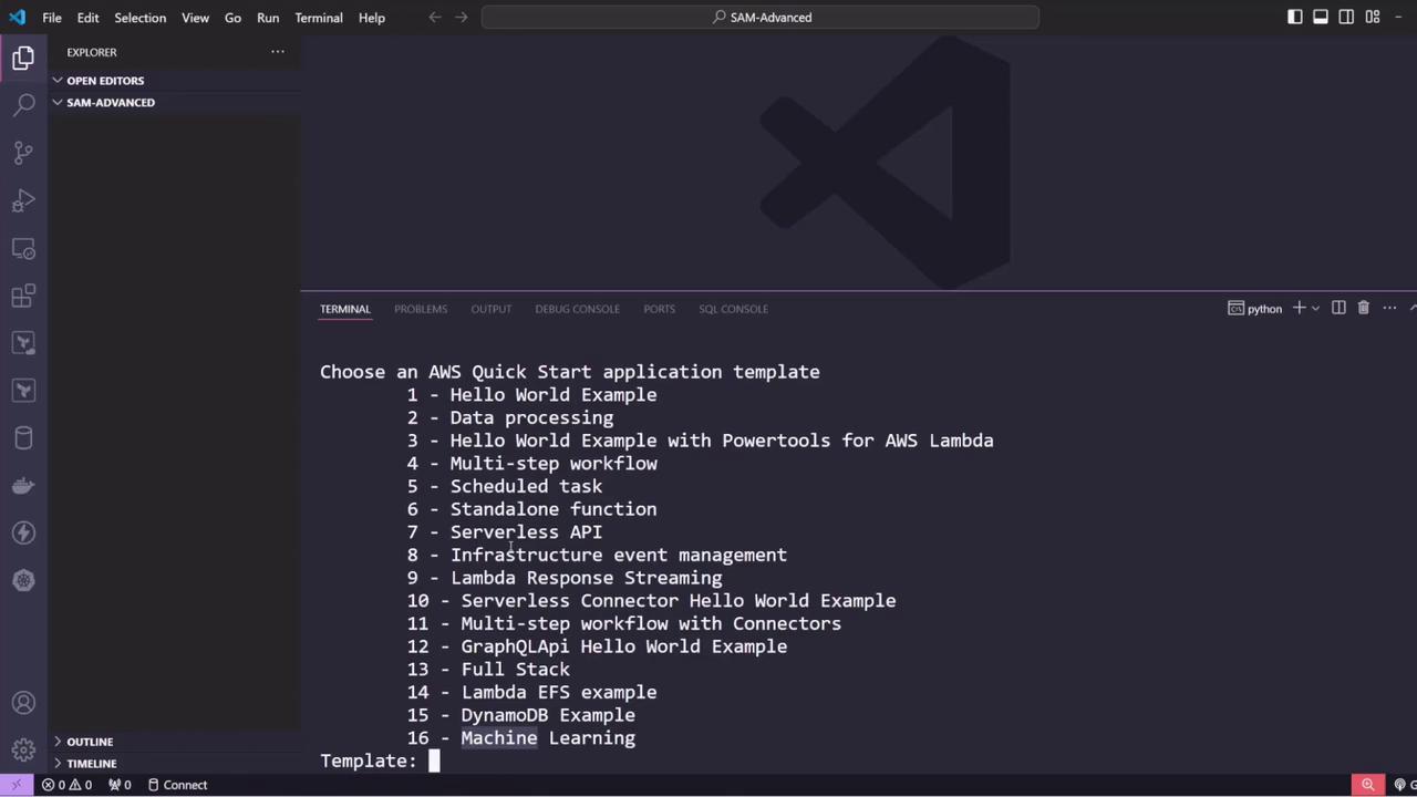 The image shows a Visual Studio Code interface with a terminal open, displaying a list of AWS Quick Start application templates to choose from. The templates include options like "Hello World Example," "Data processing," and "Machine Learning."