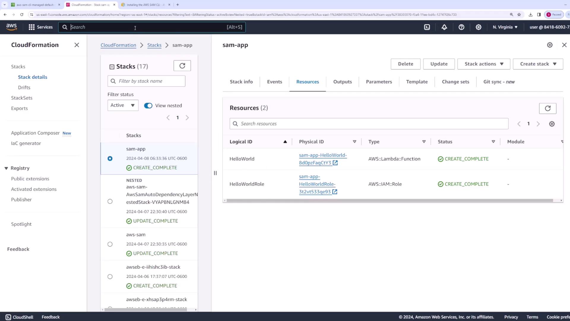 The image shows an AWS CloudFormation console with a stack named "sam-app" that has two resources: a Lambda function and an IAM role, both with a status of "CREATE_COMPLETE."