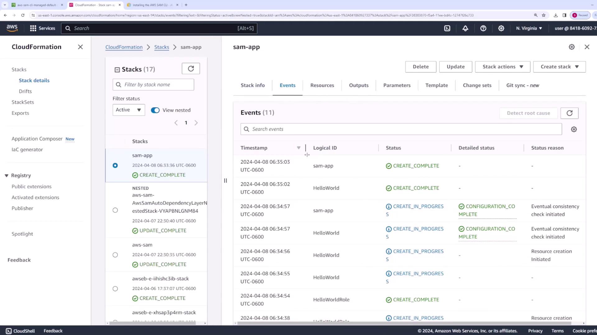 The image shows an AWS CloudFormation console with details of a stack named "sam-app," displaying events and statuses such as "CREATE_COMPLETE" and "CREATE_IN_PROGRESS."