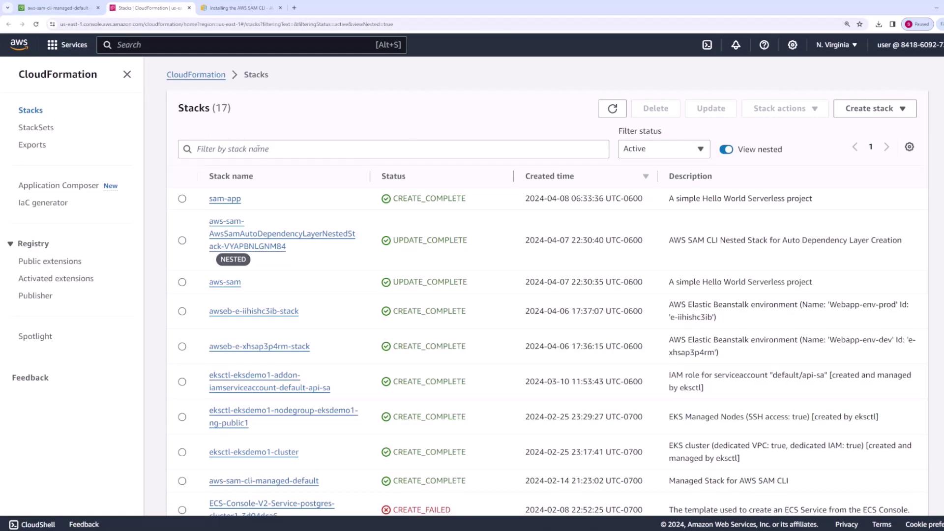 The image shows an AWS CloudFormation console with a list of stacks, their statuses, creation times, and descriptions. Some stacks are marked as "CREATE_COMPLETE" while one is "CREATE_FAILED."