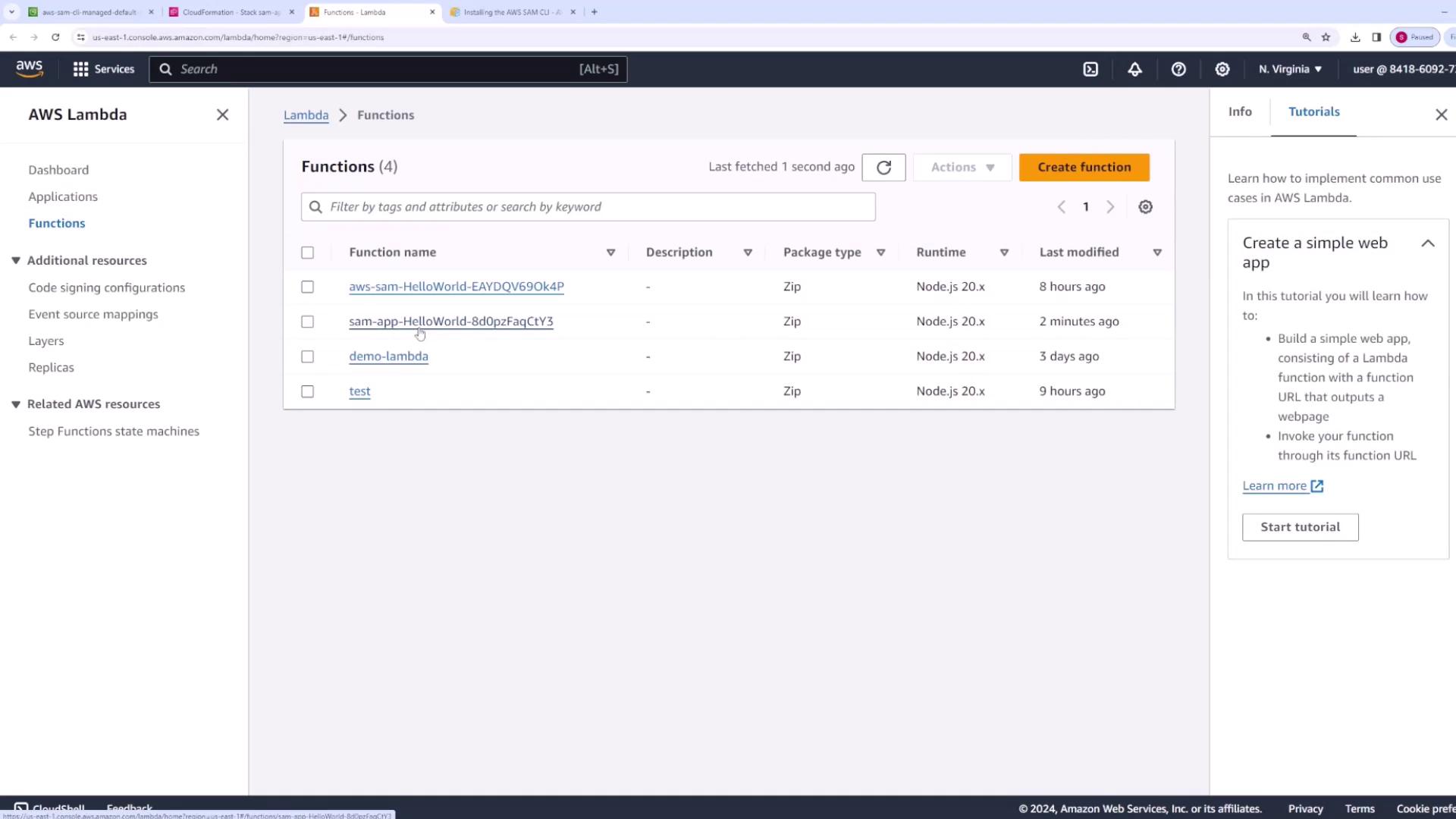 The image shows the AWS Lambda console with a list of functions, including their names, package types, runtimes, and last modified times. There is also a tutorial section on the right for creating a simple web app.