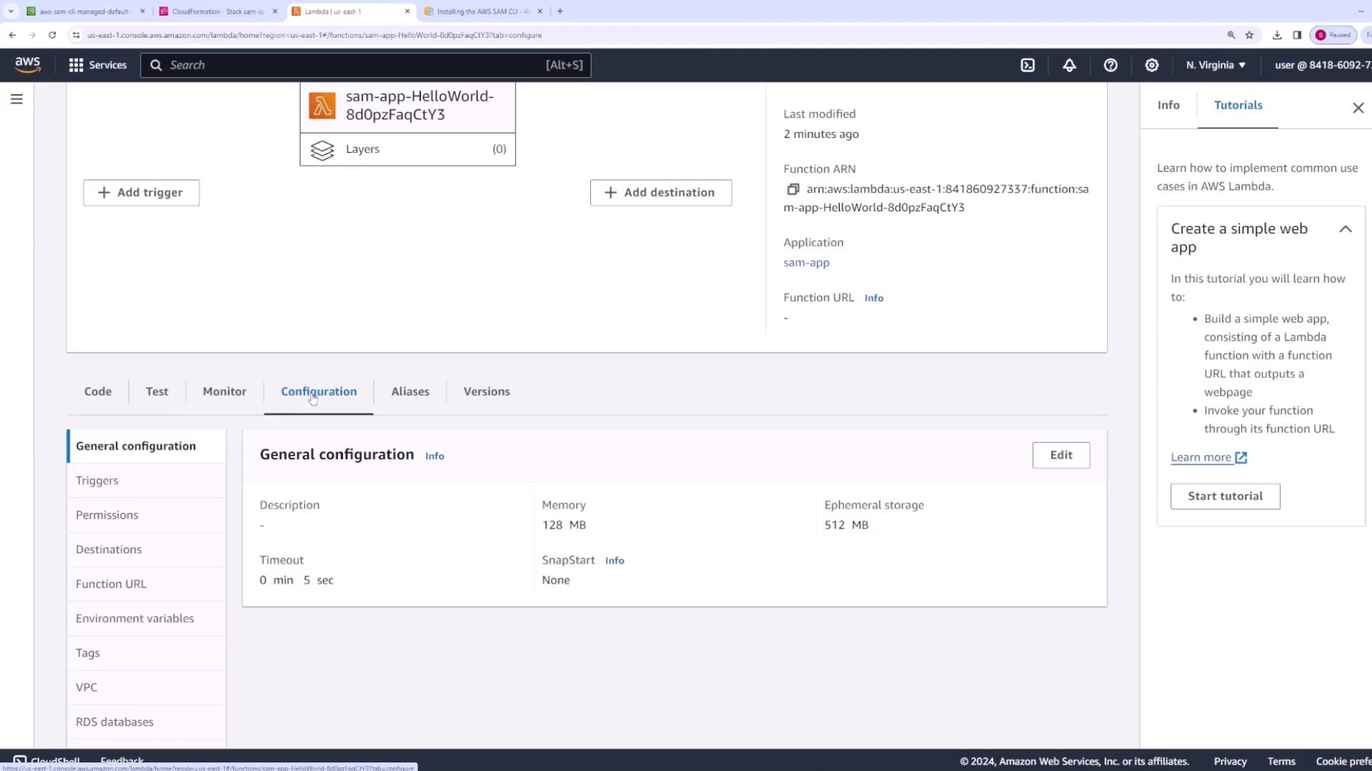 The image shows an AWS Lambda console interface displaying the configuration details of a Lambda function named "sam-app-HelloWorld." It includes sections for general configuration, triggers, permissions, and other settings.