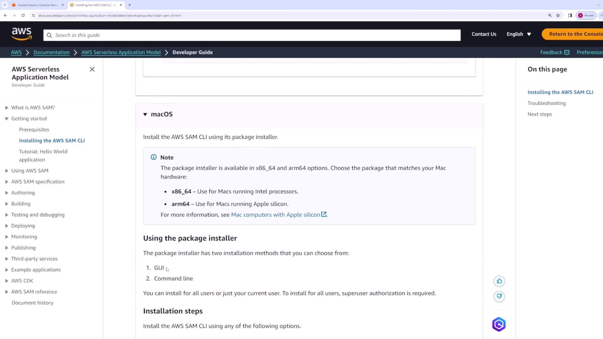 The image shows a webpage from the AWS Serverless Application Model Developer Guide, specifically detailing instructions for installing the AWS SAM CLI on macOS. It includes information about package installer options for different Mac hardware.