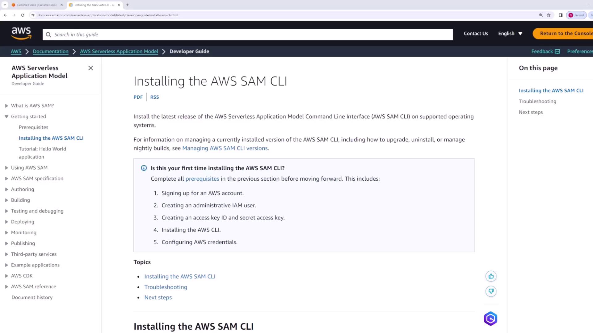 The image shows a webpage from the AWS documentation, specifically the AWS Serverless Application Model Developer Guide, detailing the installation process for the AWS SAM CLI. It includes prerequisites and steps for first-time installation.