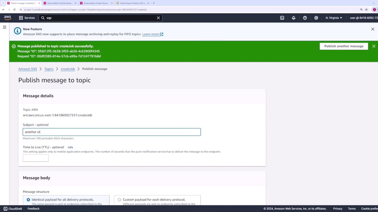 The image shows an Amazon SNS interface where a message has been successfully published to a topic. It includes fields for message details like subject and message structure options.