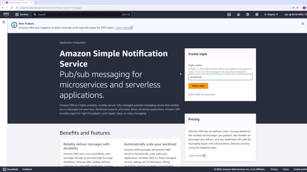 The image shows the Amazon Simple Notification Service (SNS) page on AWS, highlighting its features for pub/sub messaging in microservices and serverless applications, with options to create a topic and view pricing.