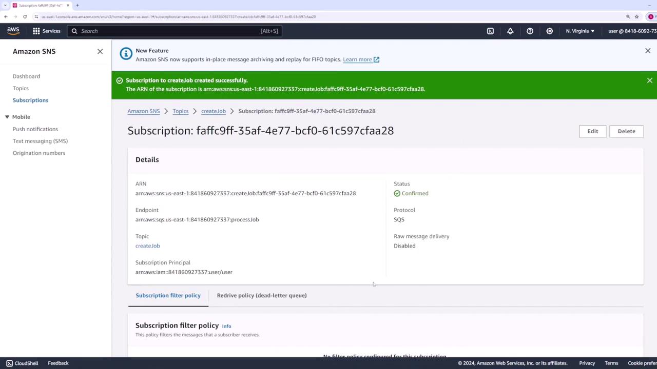 The image shows an Amazon SNS (Simple Notification Service) subscription details page, indicating a confirmed subscription with specific ARN and endpoint information.