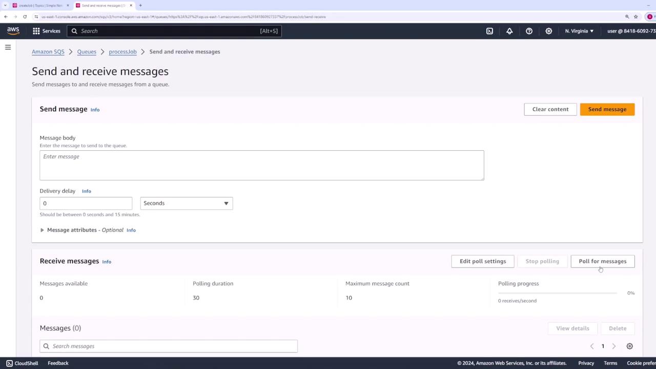 The image shows an Amazon SQS interface for sending and receiving messages from a queue, with options to enter a message body, set a delivery delay, and poll for messages.