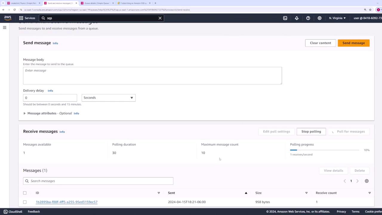 The image shows an AWS SQS (Simple Queue Service) interface where users can send and receive messages from a queue. It includes fields for entering a message, setting a delivery delay, and options for receiving messages.