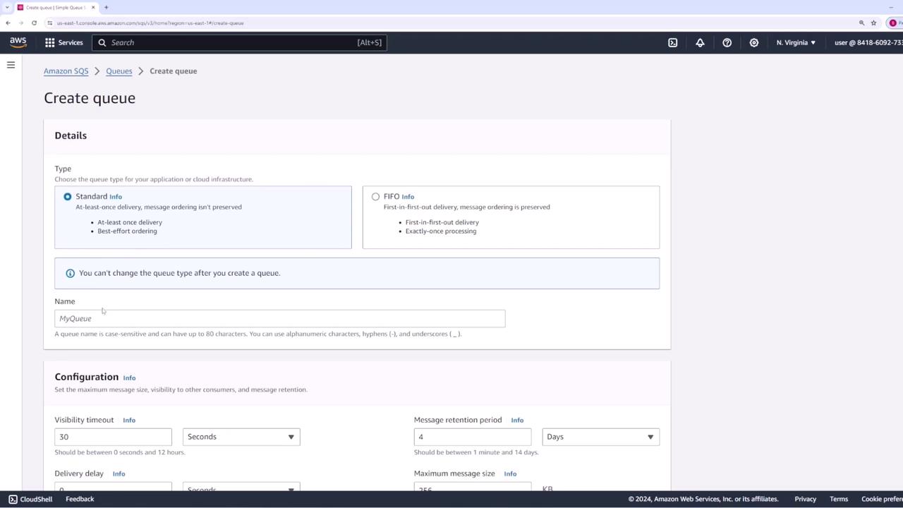 The image shows the Amazon SQS (Simple Queue Service) interface for creating a new queue, with options for selecting the queue type, naming it, and configuring settings like visibility timeout and message retention period.