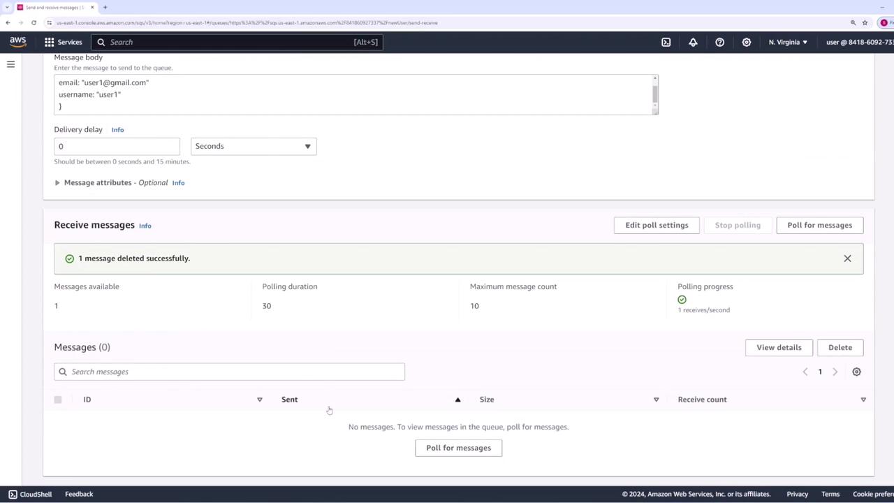 The image shows an AWS management console interface for sending and receiving messages, with a notification indicating that one message was deleted successfully. It includes options for message polling and details about message availability.
