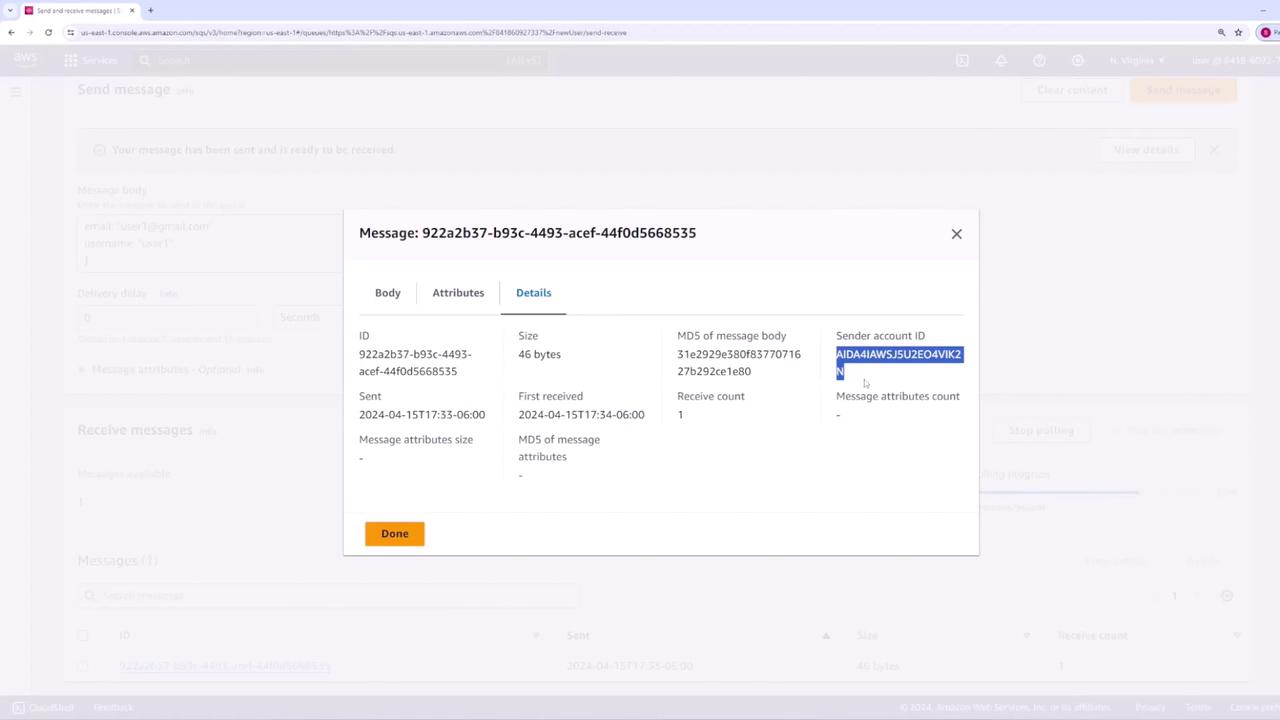 The image shows a message details window from an AWS interface, displaying information such as message ID, size, sender account ID, and timestamps.